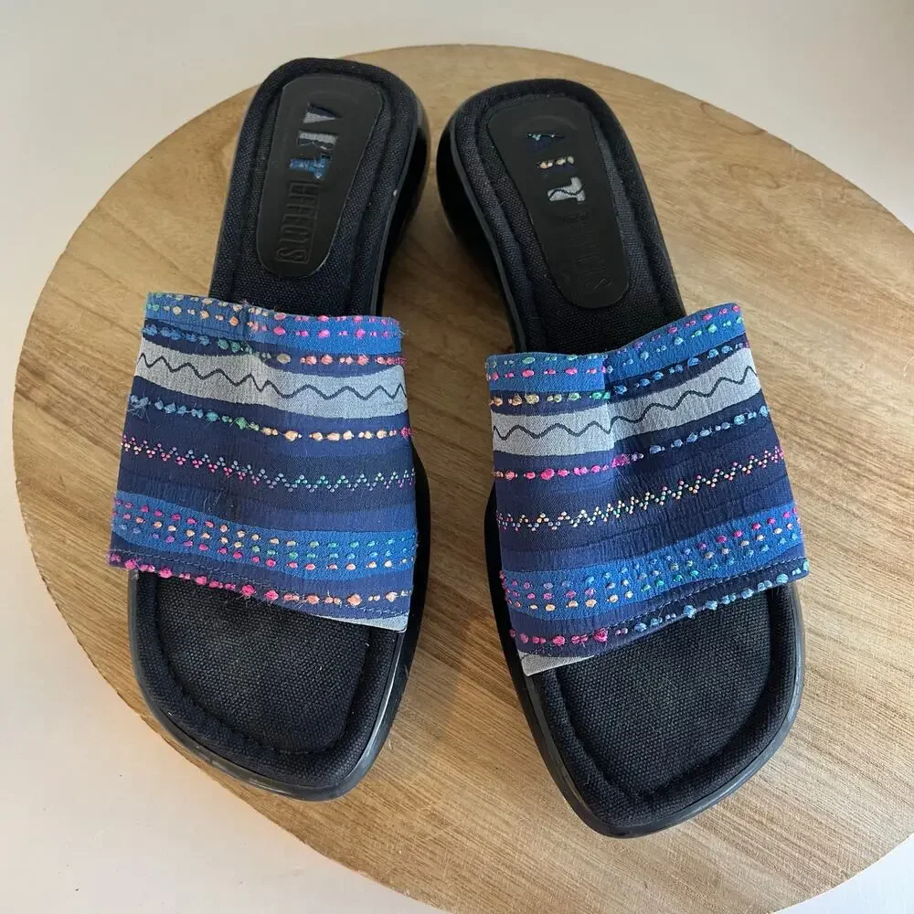 Art Effects Blue Embroidered Square Toe Chunky Slide Sandals Brazil Size 8